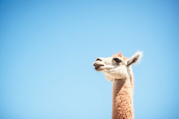 fluffy white llama against a clear blue sky background