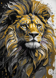 Fototapeta Londyn - modern painting of golden lion head . The texture of the oriental style of gray and gold canvas with an abstract pattern. artist collection of animal painting for decoration and interior, canvas art.