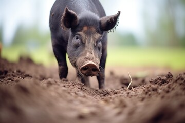 Wall Mural - black pig rooting in damp soil