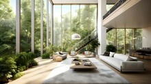 A Photo Of A Double-height Living Room With Floor-to-ceiling Windows That Showcase A Beautiful Green Landscape Outside. The Room Is Bathed In Natural Sunlight, Creating A Warm And Inviting Atmospher
