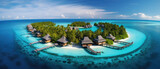 Fototapeta  - Beautiful view of a tropical paradise island with traditional wooden resort buildings, blue sky, expanse of sea, clear water and coconut trees created with Generative AI Technology