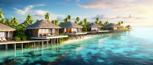 Beautiful View Of A Tropical Island With Traditional Wooden Resort Buildings, Blue Sky, Expanse Of Sea, Clear Water And Coconut Trees Created With Generative AI Technology