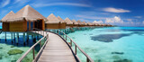 Fototapeta Most - beautiful view of a tropical island with traditional wooden resort buildings, blue sky, expanse of sea, clear water and coconut trees created with Generative AI Technology