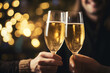 Two hands clinking champagne glasses against blurred background, Bokeh effect. festive New Year's and christmas toast with wishes of happiness