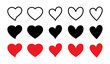 © Kingwardobe - Set of hearts stroke and fill style in black and red color,  Red heart icons set vector, Black heart set with line art. Set of 15 hearts of different shapes for web. Heart collection. Vector Art