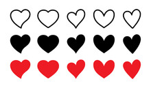 Set Of Hearts Stroke And Fill Style In Black And Red Color,  Red Heart Icons Set Vector, Black Heart Set With Line Art. Set Of 15 Hearts Of Different Shapes For Web. Heart Collection. Vector Art