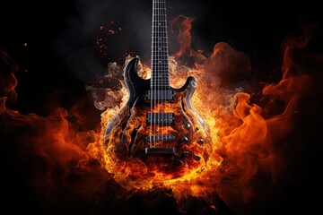 An orange guitar burns with a hot flame on a black background. Rock metal punk background