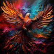 AI generated illustration of a bird, hand-painted with a variety of brightly colored paintbrushes