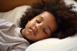 A cute little African child with curly black hair is sleeping on a bed. Close your eyes and have a small, prominent nose. world sleep day concept - generative ai