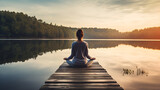 Fototapeta  - Young woman meditating on a wooden pier on the edge of a lake for improving focus