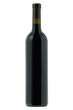 Bottiglia bordolese vetro scuro con vino rosso e tappo in sughero su sfondo trasparente