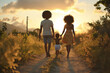 Sunset ranch dirt road - black African american couple and child walking away - full view from behind - silhouette of a loving diversity black ethnic descendant family