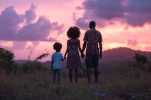 Moody Pink And Purple Sunset Rural Landscape - Black African American Couple And Child Walking Away - Full View From Behind - Silhouette Of A Loving Diversity Black Ethnic Descendant Family