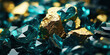 Glittering teal crystals float amidst gold flecks, like treasures from a sunken palace