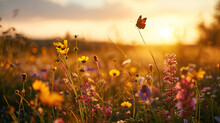 Butterfly On Wild Flowers In A Meadow At Sunset