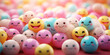 Colorful crowd of happy-faced bouncy balls crammed together, smiling widely