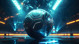 Fototapeta Sport - mechanical futuristic soccer ball or football with neon glowing at the laboratory stadium. Futuristic background - copyspace area.