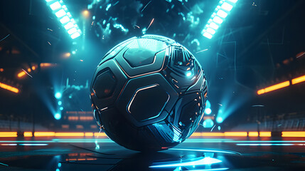 Wall Mural - mechanical futuristic soccer ball or football with neon glowing at the laboratory stadium. Futuristic background - copyspace area.