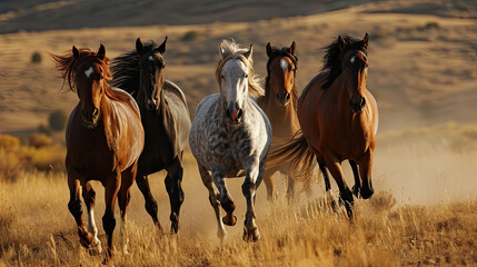 group of horses are running through a field.