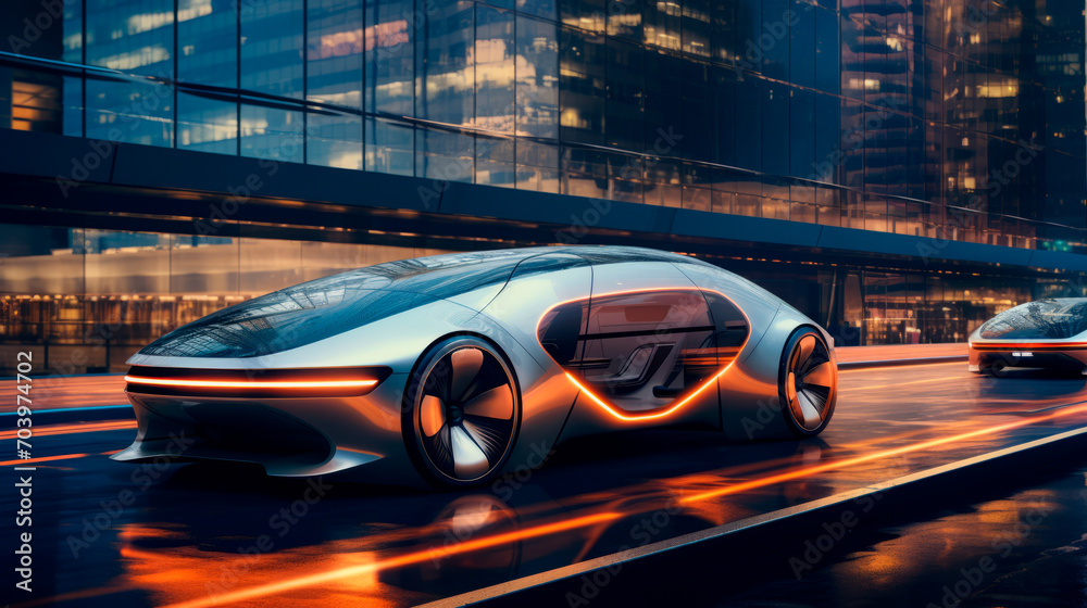 The futuristic autonomous electric vehicle glides through the cityscape ...