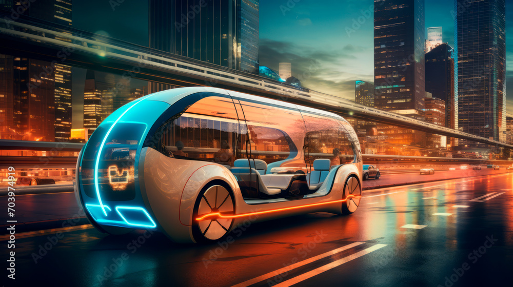 The futuristic autonomous electric vehicle glides through the cityscape ...