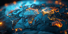 Dark world map, full covered with oil and carbon, burned and destroyed by fire, abstract conceptual illustration of global warming and environmental disaster on Earth