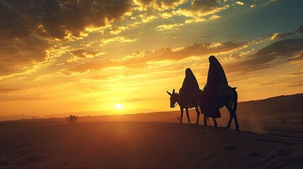 Silhouette Mary and Joseph journeying through the dessert with a donkey on sunset looking for a place to stay