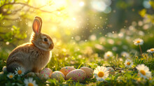 Easter Bunny Sitting With Easter Eggs On A Green Spring Meadow With Daisy Flowers, Warm Sunlight Is Shining
