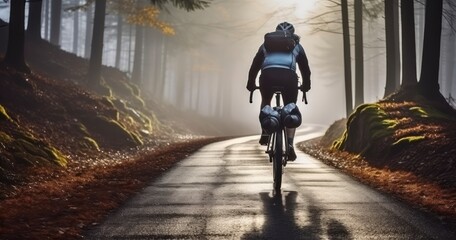 Wall Mural - Cyclist on a bicycle riding along a foggy forest road. Generative AI