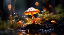 Raindrops On Orange Mushrooms In A Dark Forest