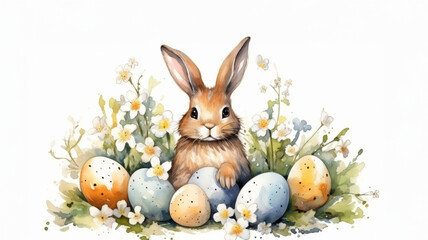 Watercolor illustration, Bunny with soft, expressive eyes and perky ears, with pastel colored Easter eggs and delicate wildflowers on white background charming springtime atmosphere