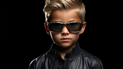  Fashion portrait of a stylish boy in black leather jacket and sunglasses.