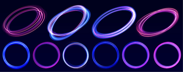 Wall Mural - Curve blue line light effect neon swirl. Abstract ring background with glowing swirling background. Energy flow tunnel. Blue portal, platform. Magic circle vector.	