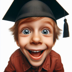 Wall Mural - little smiling boy wearing a graduate hat surprised with Huge Eyes on white background, wide angle shot. ai generative