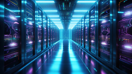 Poster - Shot of Corridor in Working Data Center Full of Rack Servers and Supercomputers
