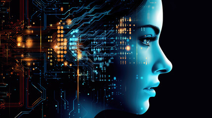 Poster - The head of a digital woman with technology,development of artificial intelligence. Generative Ai