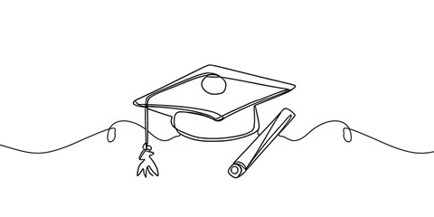 continuous line drawing of Graduation cap and diploma, illustration