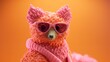 Hand knitted fox doll with sunglasses. Crocheted amigurumi toy. Souvenir product. Cute stuffed model. Illustration for cover, postcard, interior design, decor or print.