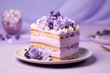  a piece of cake with purple frosting and purple flowers on a white plate on a purple tablecloth with a vase of purple flowers in the backgro.