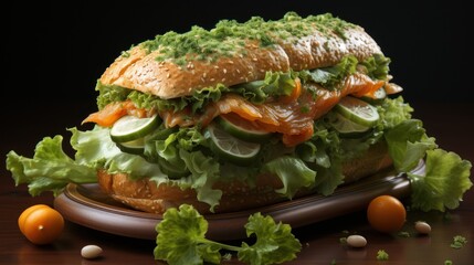 Wall Mural -  a sandwich with lettuce, carrots, and cucumbers on a plate on a wooden table with other vegetables and fruit on the side of the table.