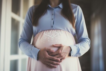 Pregnant woman feeling happy at home while taking care of her child. The young expecting mother holding baby in pregnant belly. Maternity prenatal care and woman pregnancy concept.