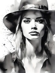 Wall Mural - Girl portrait, black and white watercolor illustration, highly detailed beautyfull face, concept art