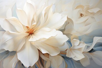 Wall Mural -  a painting of a large white flower on a blue and white background with a red center in the center of the flower and a smaller white flower in the middle of the center.