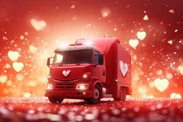 Wall Mural -  a red truck parked in front of a red background with hearts on the side of the truck and a red background with white hearts on the side of the truck.