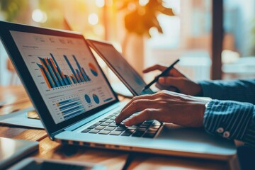 Poster - Businessman using tablet and laptop to analyze sales data and stock market chart. Business strategy.