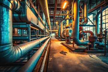 Poster - Modern industrial building with pipes, heat exchangers and valves.
