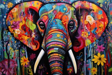 Wall Mural -  a painting of a colorful elephant with tusks and flowers on it's head, with a blue sky in the background and yellow flowers in the foreground.