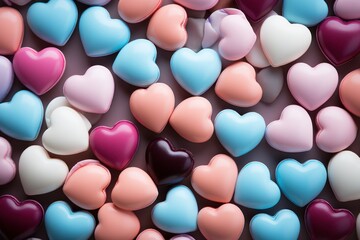  a group of heart shaped candies sitting on top of a white table next to a pile of pink, blue, and pink ones on top of a table.