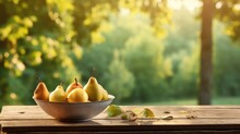  A Bowl Full Of Pears Sitting On A Wooden Table In Front Of A Green Forest With Sunlight Shining On The Leaves And Trees In The Backgroup.