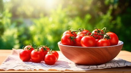 Wall Mural -  a bowl of tomatoes sitting on top of a cloth next to a wooden bowl filled with ripe tomatoes on top of a wooden table in front of a blurry background.